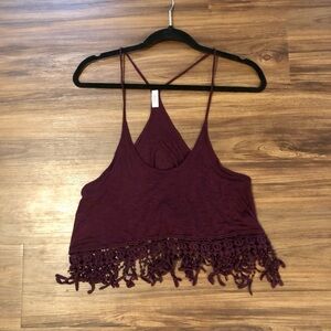 Tobi Maroon Fringy Crop Tank